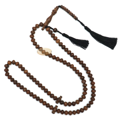 Wooden Islamic Prayer Beads - Natural Johar Asian Wenge Wood Tasbih 99 count Contoured 8x7 mm Beads with Black Tassels In Gift Box By