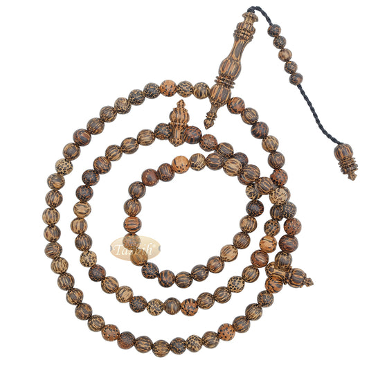 Tiger Wood Misbaha Tasbih - 8 mm 99 count Muslim Prayer Beads Indonesian Islamic Handcrafted Wooden Dhikr Necklace