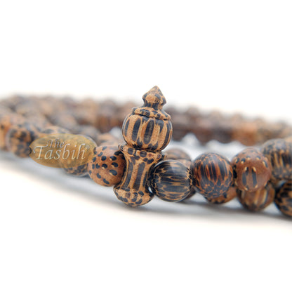 Tiger Wood Misbaha Tasbih - 8 mm 99 count Muslim Prayer Beads Indonesian Islamic Handcrafted Wooden Dhikr Necklace