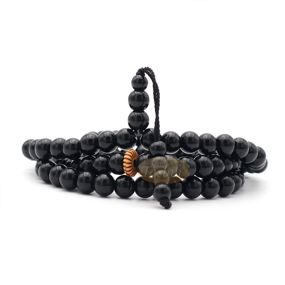 Muslim Prayer Beads - 8 mm Faux Onyx Black 99 count with Yellow Engraved Dividers
