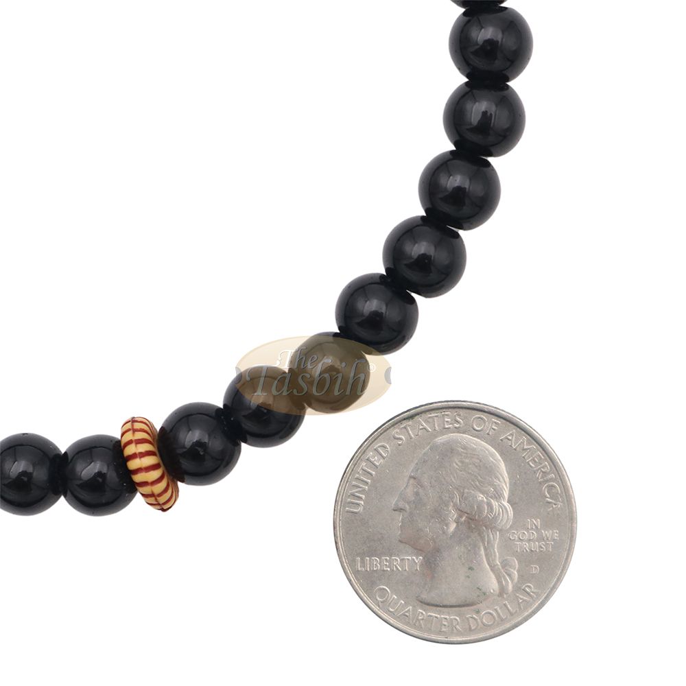 Muslim Prayer Beads – 8 mm Faux Onyx Black 99 count with Yellow Engraved Dividers