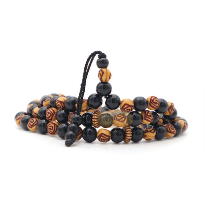 Muslim Prayer Beads - 8 mm Faux Onyx Black & Yellow Engraved beads 99 count Tasbih