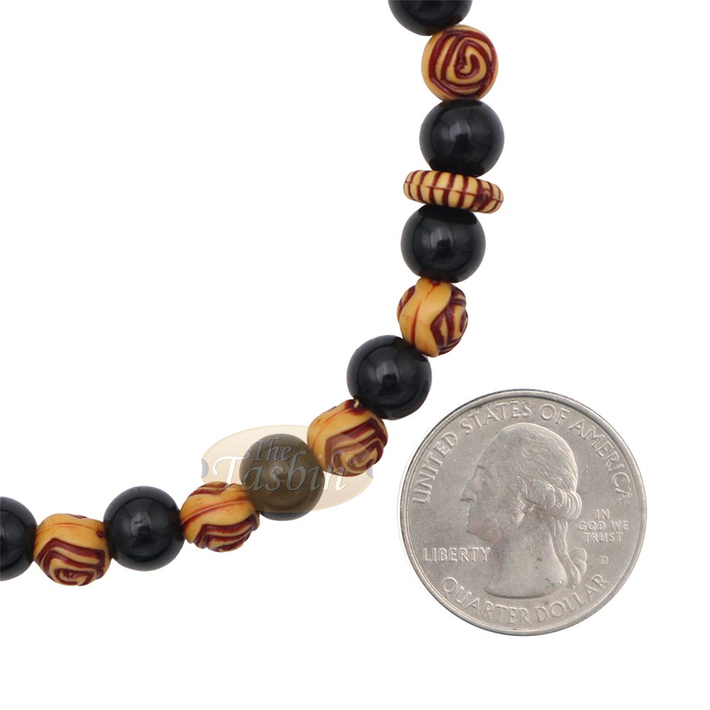 Muslim Prayer Beads – 8 mm Faux Onyx Black & Yellow Engraved beads 99 count Tasbih