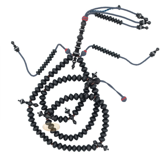Special Edition Tijani Misbaha - Handcrafted 13x8 mm Asian Black Wood Saucer-shape Prayer Beads - Inlaid Pewter Ornamental Alif & Dividers