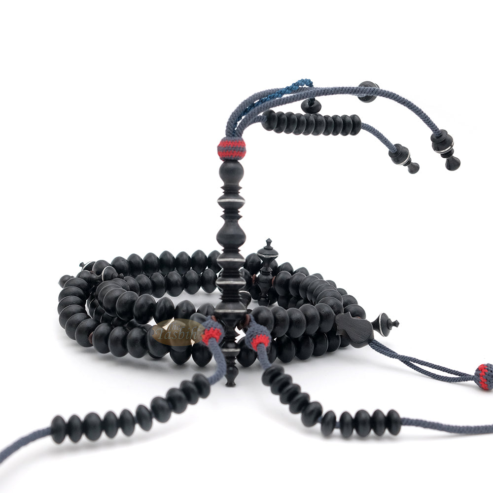 Special Edition Tijani Misbaha - Handcrafted 13x8 mm Asian Black Wood Saucer-shape Prayer Beads - Inlaid Pewter Ornamental Alif & Dividers