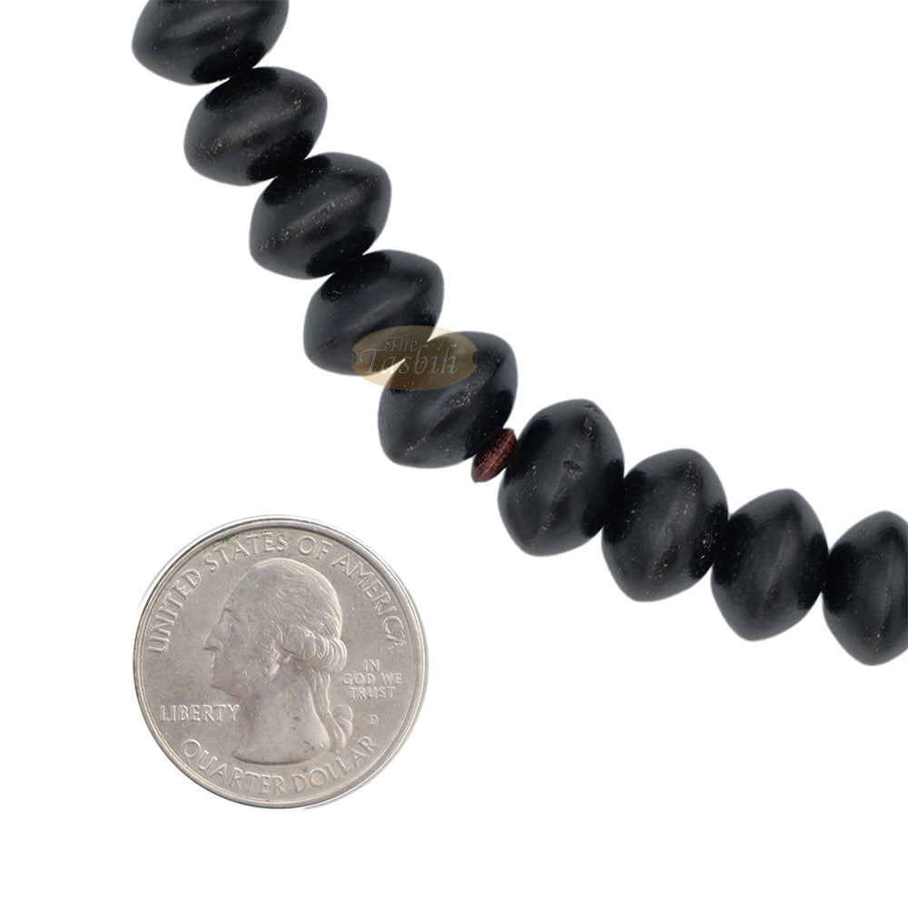Special Edition Tijani Misbaha - Handcrafted 13x8 mm Asian Black Wood Saucer-shape Prayer Beads - Inlaid Pewter Ornamental Alif & Dividers