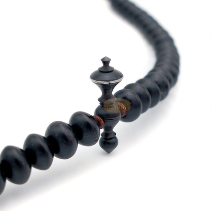 Special Edition Tijani Misbaha - Handcrafted 13x8 mm Asian Black Wood Saucer-shape Prayer Beads - Inlaid Pewter Ornamental Alif & Dividers