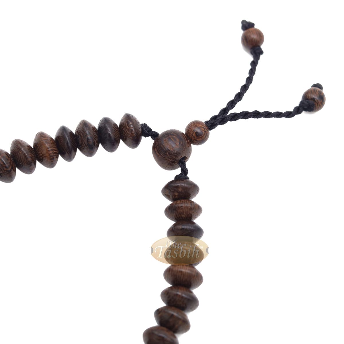 Brown wooden tasbih bracelet with adjustable braided cord.