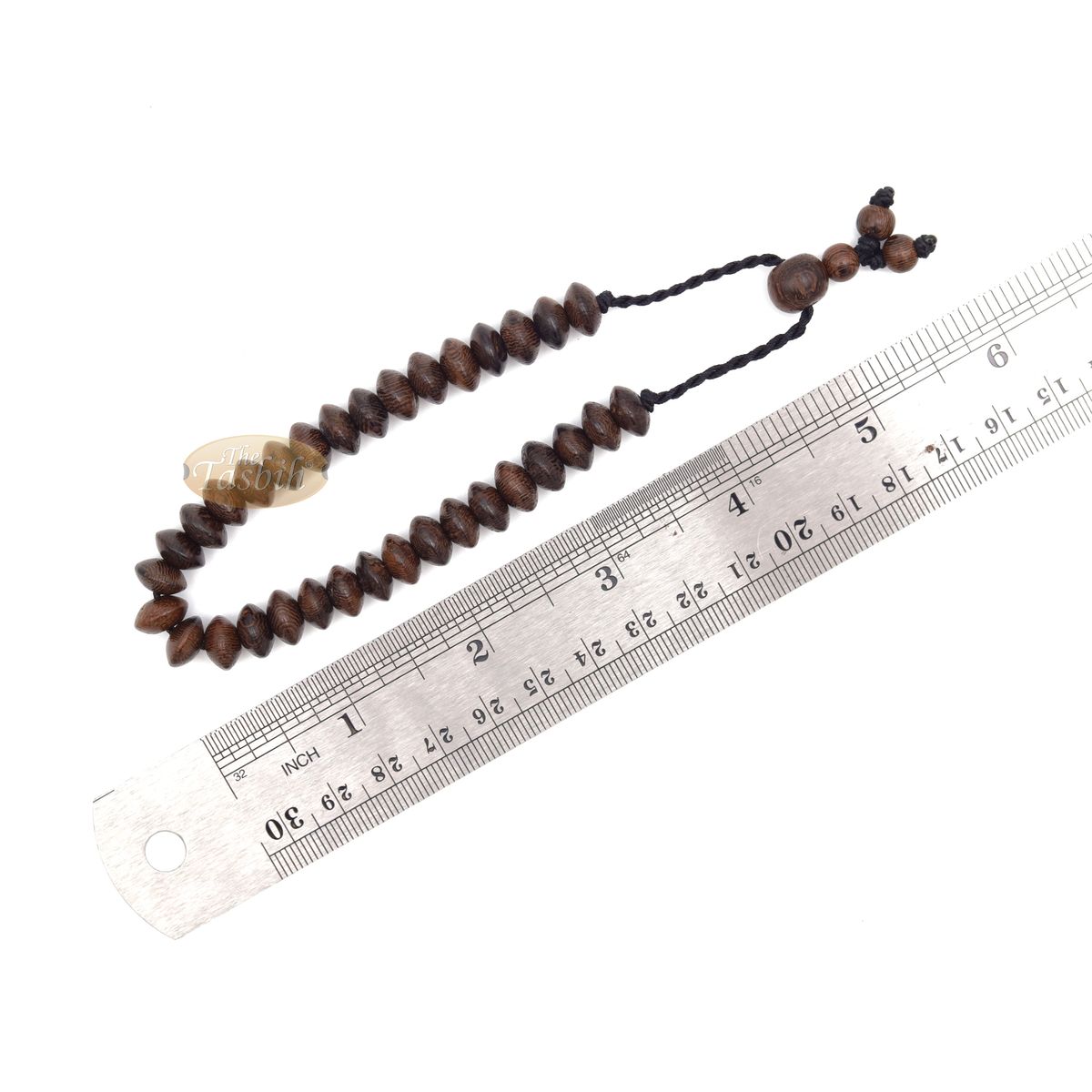 Brown wooden tasbih bracelet with adjustable braided cord.