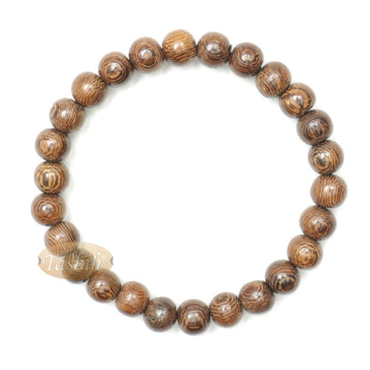 Wood Bead Bracelet – Tropical Johar Asian Wenge Beads with Black Elastic 7 mm Unisex 7.5-8 inch Prayer Bracelet