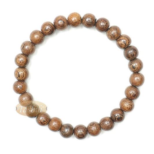 Wood Bead Bracelet – Tropical Johar Asian Wenge Beads with Black Elastic 7 mm Unisex 7.5-8 inch Prayer Bracelet