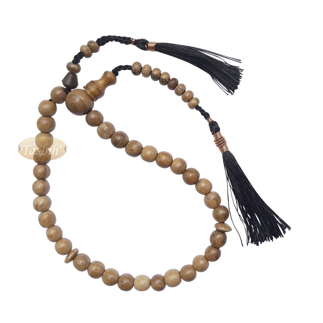 Small Natural Light Brown Oud Aloeswood Agarwood 33-Bead Prayer Beads Rosary 8mm Beads with 2 Black Copper-decorated Tassel