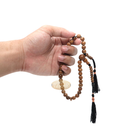 Small Natural Light Brown Oud Aloeswood Agarwood 33-Bead Prayer Beads Rosary 8mm Beads With 2 Black Copper-Decorated Tassel