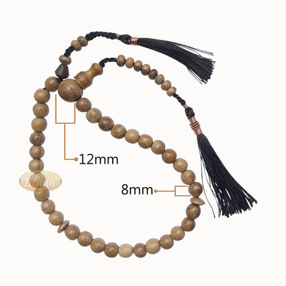 Small Natural Light Brown Oud Aloeswood Agarwood 33-Bead Prayer Beads Rosary 8mm Beads With 2 Black Copper-Decorated Tassel