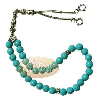 Created Turquoise 33-Bead Tasbih with Crescent Moon Kizilay Charms