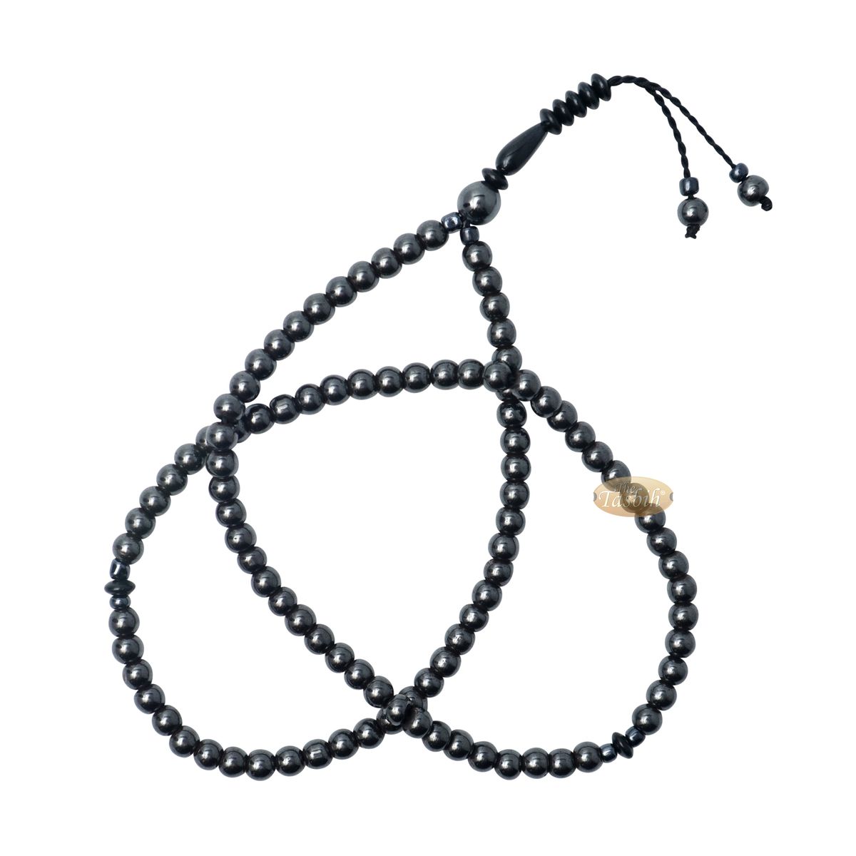 99-Bead Prayer Tasbih – Small 6 mm Hematite Beads with Saucer Dividers and 3 mm Accent – Islamic Stone Rosary Sibha Dhikr Tasbeeh with Gift Box