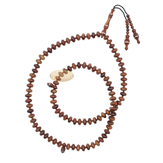 Brown Kuka 99 count Tasbih Prayer Beads - Handcrafted 5x9 mm Concave Bicone Genuine natural Color Shiny Seed Rosary Beads in Gift Box