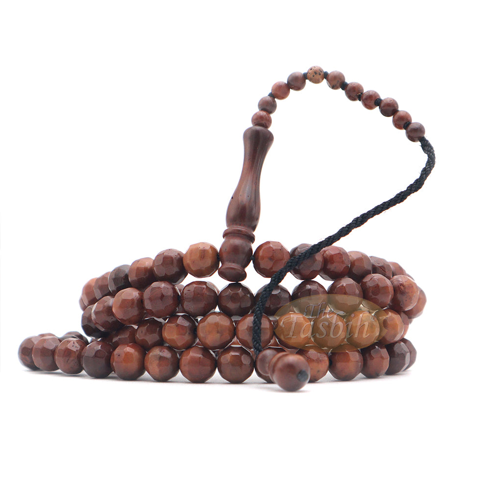 Brown Kuka 99 count Tasbih Prayer Beads - Handcrafted 9 mm Faceted Genuine natural Color Shiny Seed Rosary Beads in Gift Box