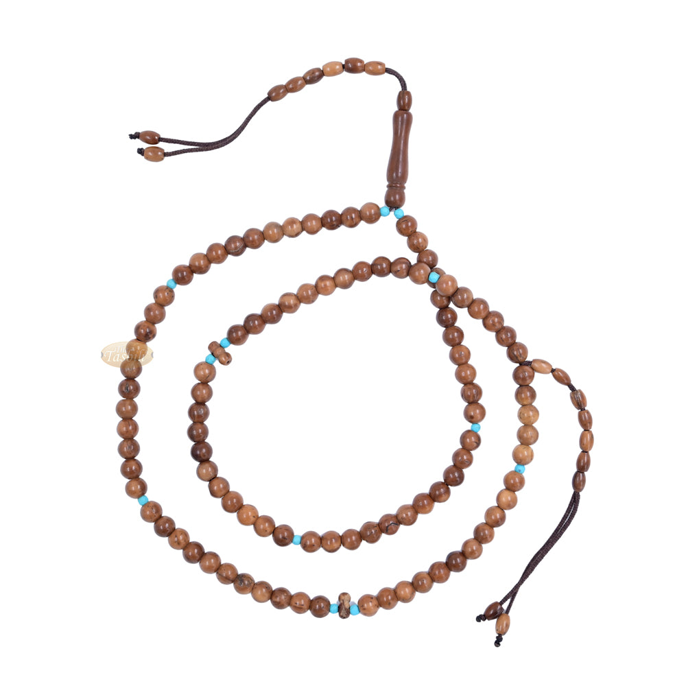 Kuka Wood Tasbih with Turquoise Spacer Beads – Handmade 8mm Round Dhikr Necklace