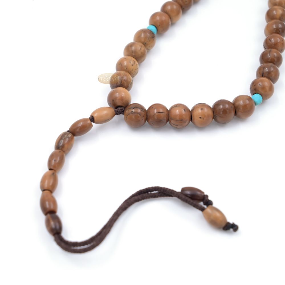 Kuka Wood Tasbih with Turquoise Spacer Beads – Handmade 8mm Round Dhikr Necklace