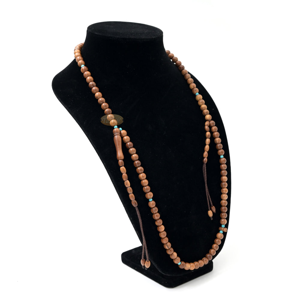 Kuka Wood Tasbih with Turquoise Spacer Beads – Handmade 8mm Round Dhikr Necklace