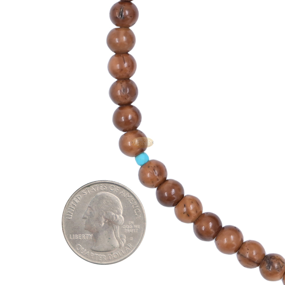Kuka Wood Tasbih with Turquoise Spacer Beads – Handmade 8mm Round Dhikr Necklace