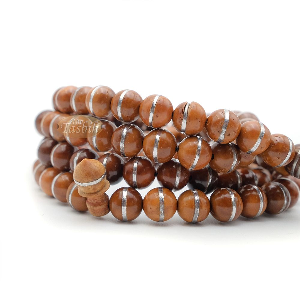 Natural Genuine Kuka Seed Tasbih Misbaha 99 count 8 mm Metal Inlay Beads Muslim Prayer Necklace
