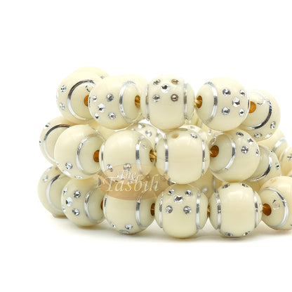 Beige And Silver Domino Design 14mm Round 33 Bead With 2 Small Dividers And 4 Bead Tassel Plastic Tasbih