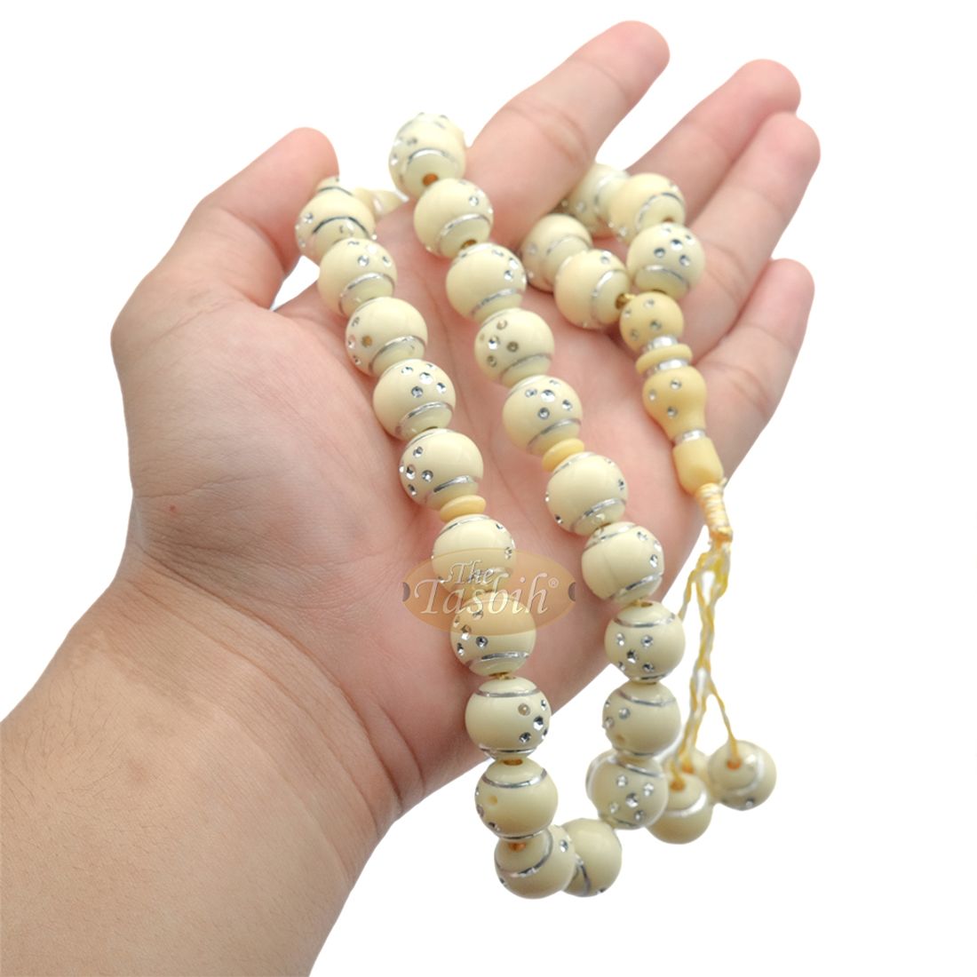 Beige and Silver Domino Design 14mm Round 33 bead with 2 small dividers and 4 Bead Tassel Plastic Tasbih