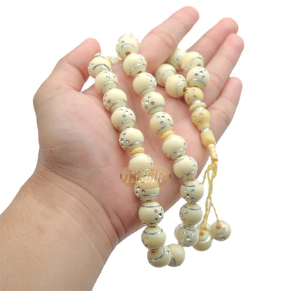 Beige And Silver Domino Design 14mm Round 33 Bead With 2 Small Dividers And 4 Bead Tassel Plastic Tasbih