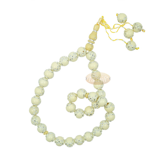 Beige and Silver Domino Design 14 mm Round 33 Bead with 2 Small Dividers and 4 Bead Tassel Plastic Tasbih