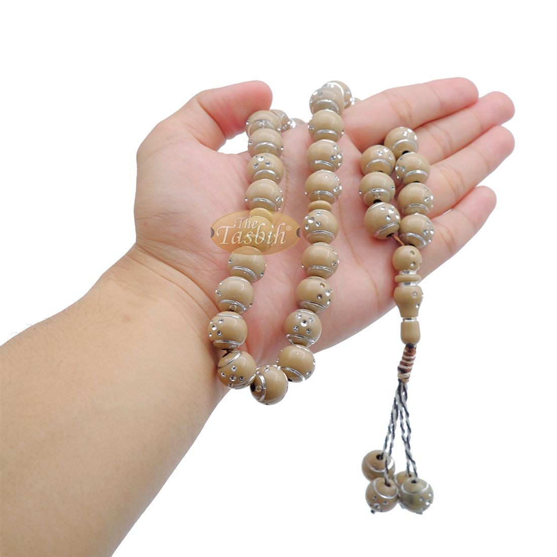 Large Muslim Prayer Beads 14mm Brown Plastic Resin Electroplated Silver-tone Dots 33-ct Prayer Dhikr Beads