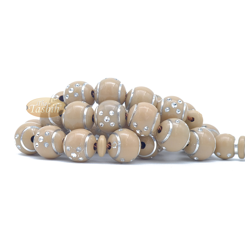 Large Muslim Prayer Beads 14 mm Brown Plastic Resin Electroplated Silver-Tone Dots 33-Ct Prayer Dhikr Beads