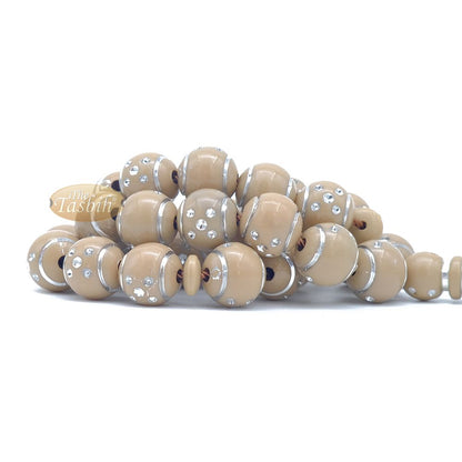 Large Muslim Prayer Beads 14 mm Brown Plastic Resin Electroplated Silver-Tone Dots 33-Ct Prayer Dhikr Beads