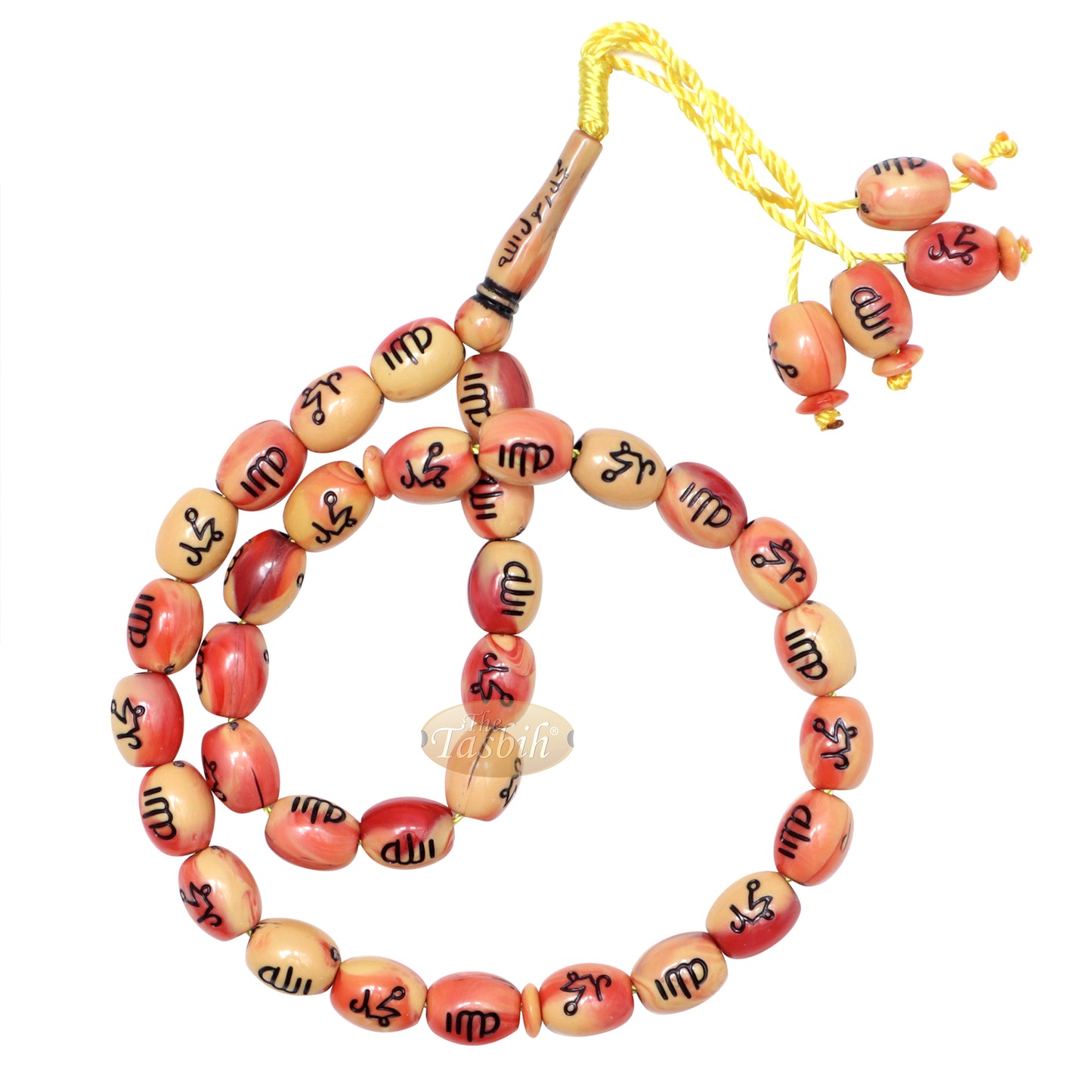 Tasbih - Allah Muhammad Inscribed 13x11 mm Oval Prayer Beads 33-Ct Marble Orange & Yellow Sibha Misbaha Subha Tasbeeh with Gift Box