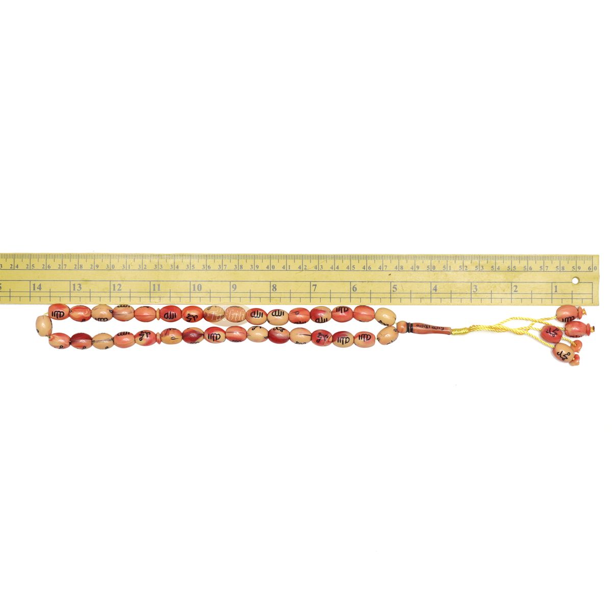 Tasbih – Allah Muhammad Inscribed 13×11 mm Oval Prayer Beads 33-Ct Marble Orange & Yellow Sibha Misbaha Subha Tasbeeh with Gift Box