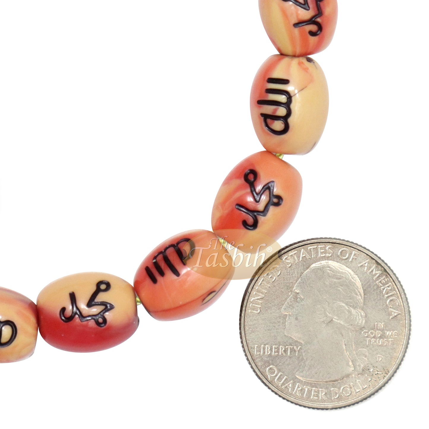 Tasbih - Allah Muhammad Inscribed 13x11 mm Oval Prayer Beads 33-Ct Marble Orange & Yellow Sibha Misbaha Subha Tasbeeh with Gift Box