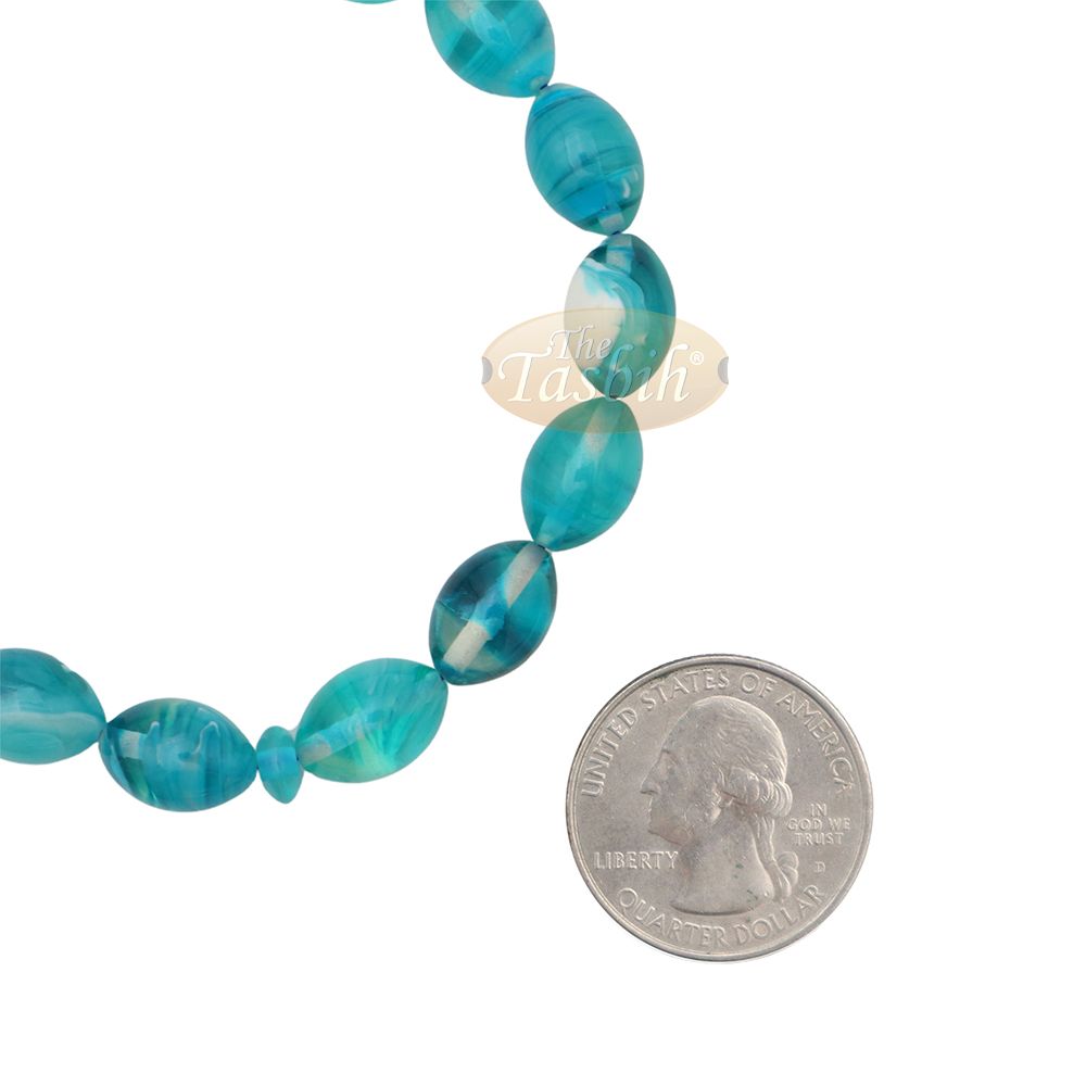Aquamarine Oval Monomer 33ct Misbaha – 12×9 mm Muslim Prayer Beads