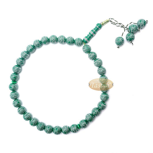 Large Sibha 13 mm Bright Green & Metallic Silver Meandros Plastic Resin 33-Bead Muslim Tasbih Prayer Beads