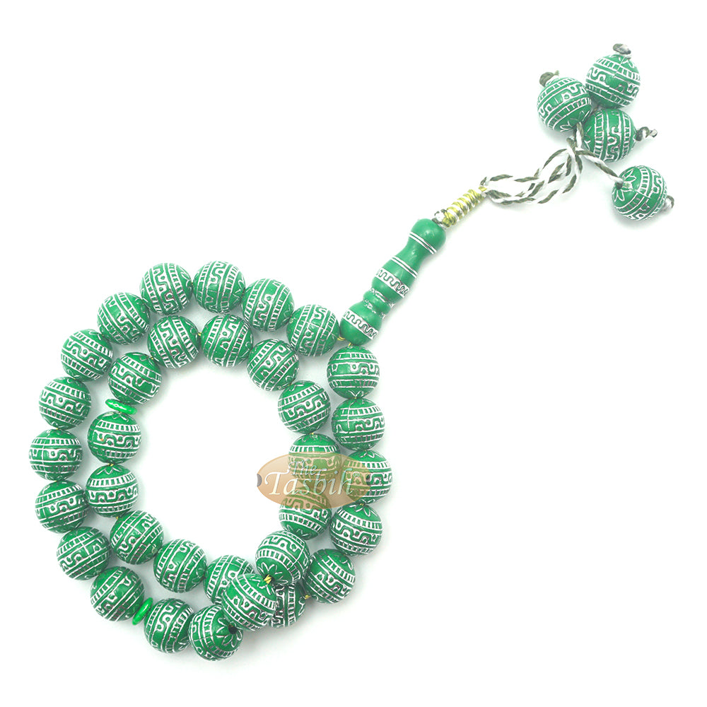 Large Sibha 13-mm Bright Green & Metallic Silver Meandros Plastic Resin 33-bead Muslim Tasbih Prayer Beads