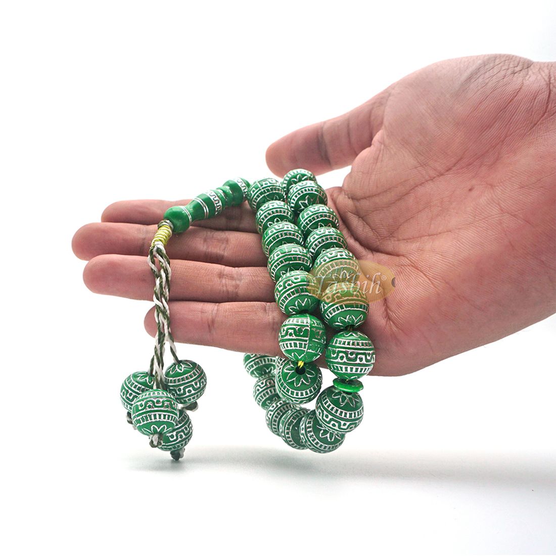 Large Sibha 13-mm Bright Green & Metallic Silver Meandros Plastic Resin 33-bead Muslim Tasbih Prayer Beads