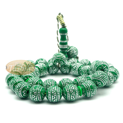 Large Sibha 13 mm Bright Green & Metallic Silver Meandros Plastic Resin 33-Bead Muslim Tasbih Prayer Beads