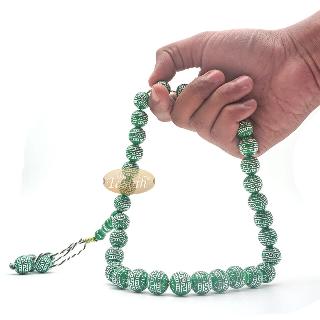 Large Sibha 13-mm Bright Green & Metallic Silver Meandros Plastic Resin 33-bead Muslim Tasbih Prayer Beads