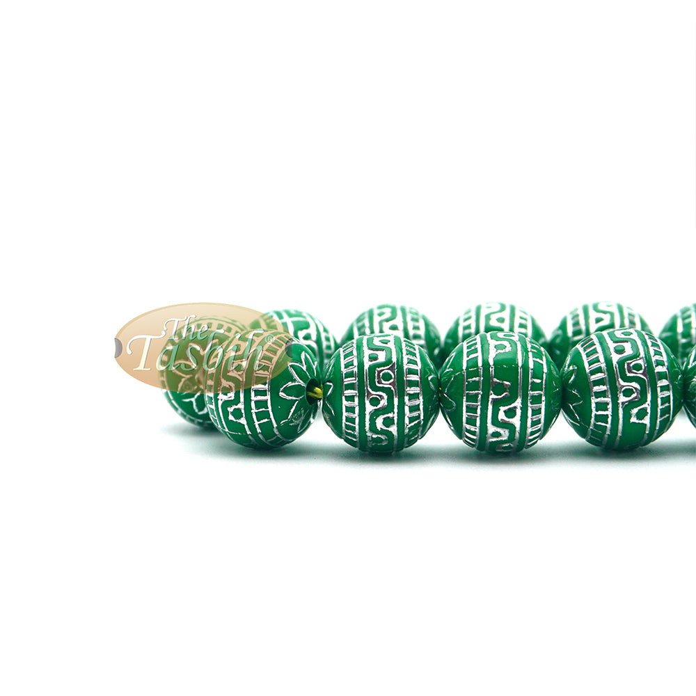 Large Sibha 13 mm Bright Green & Metallic Silver Meandros Plastic Resin 33-Bead Muslim Tasbih Prayer Beads