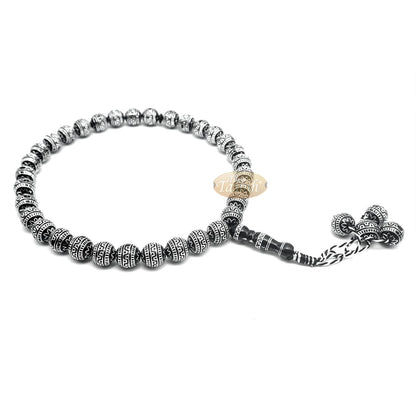 Large Sibha 13-mm Black & Metallic Silver Meandros Design Plastic Resin 33-bead Muslim Tasbih Prayer Beads