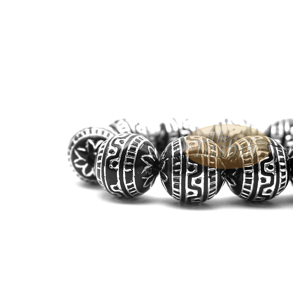 Large Sibha 13 mm Black & Metallic Silver Meandros Design Plastic Resin 33-Bead Muslim Tasbih Prayer Beads