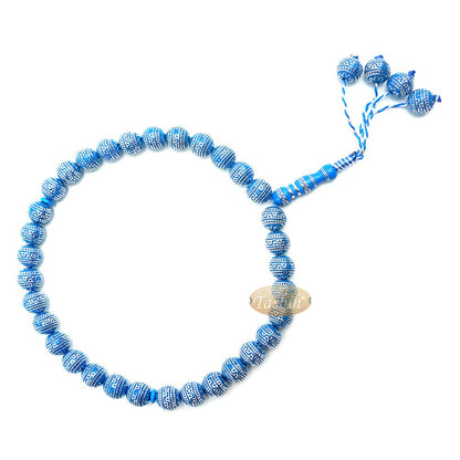 Large Sibha 13 mm Blue & Metallic Silver Meandros Plastic Resin 33-Bead Muslim Tasbih Prayer Beads