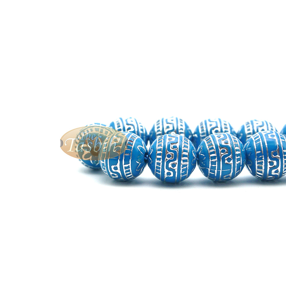 Large Sibha 13-mm Blue & Metallic Silver Meandros Plastic Resin 33-Bead Muslim Tasbih Prayer Beads