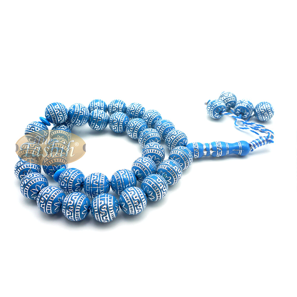 Large Sibha 13-mm Blue & Metallic Silver Meandros Plastic Resin 33-Bead Muslim Tasbih Prayer Beads