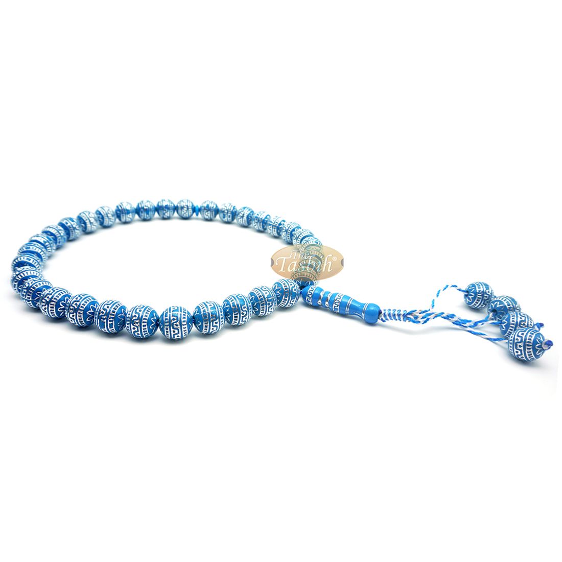Large Sibha 13-mm Blue & Metallic Silver Meandros Plastic Resin 33-bead Muslim Tasbih Prayer Beads